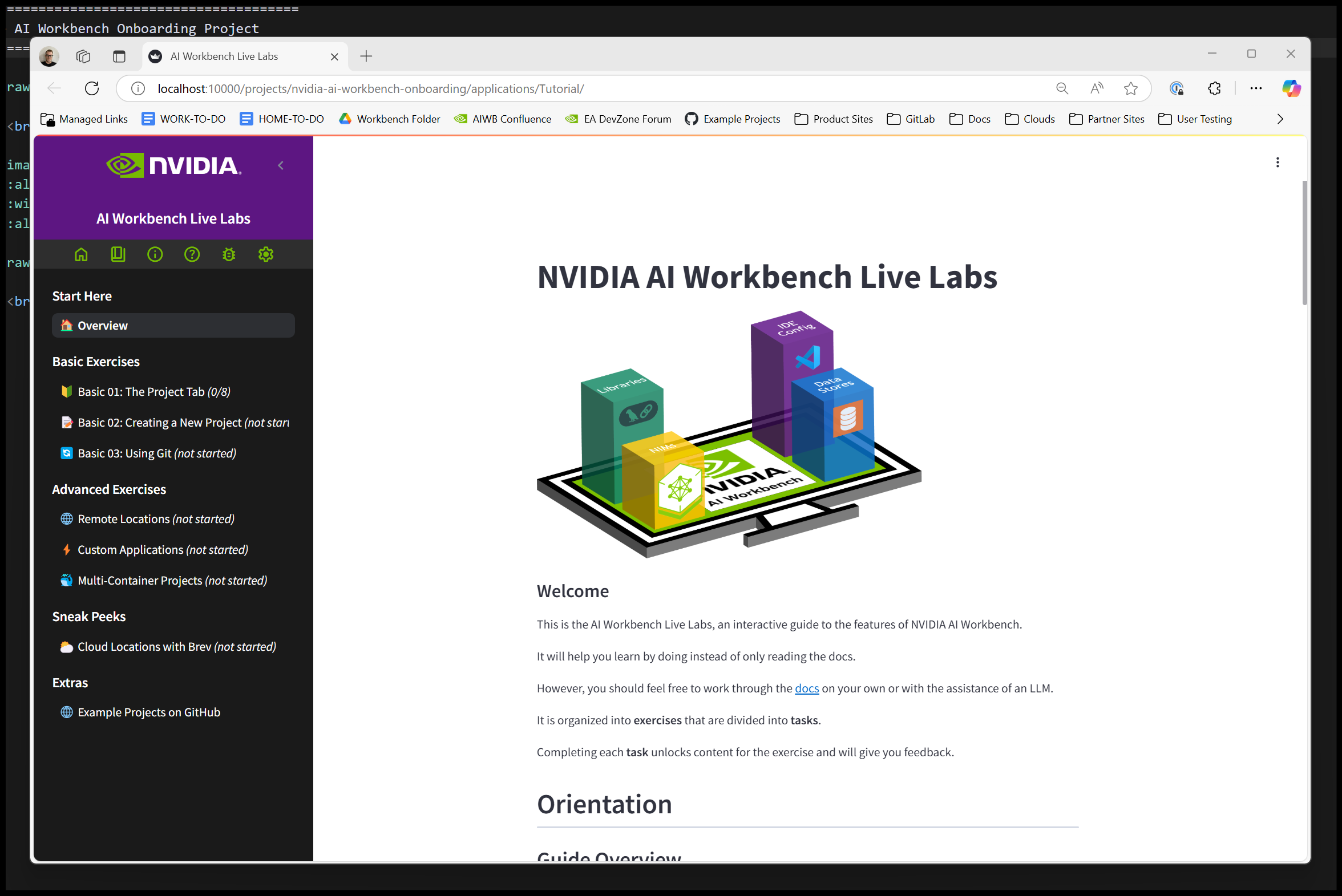 The AI Workbench onboarding project open in a browser tab.